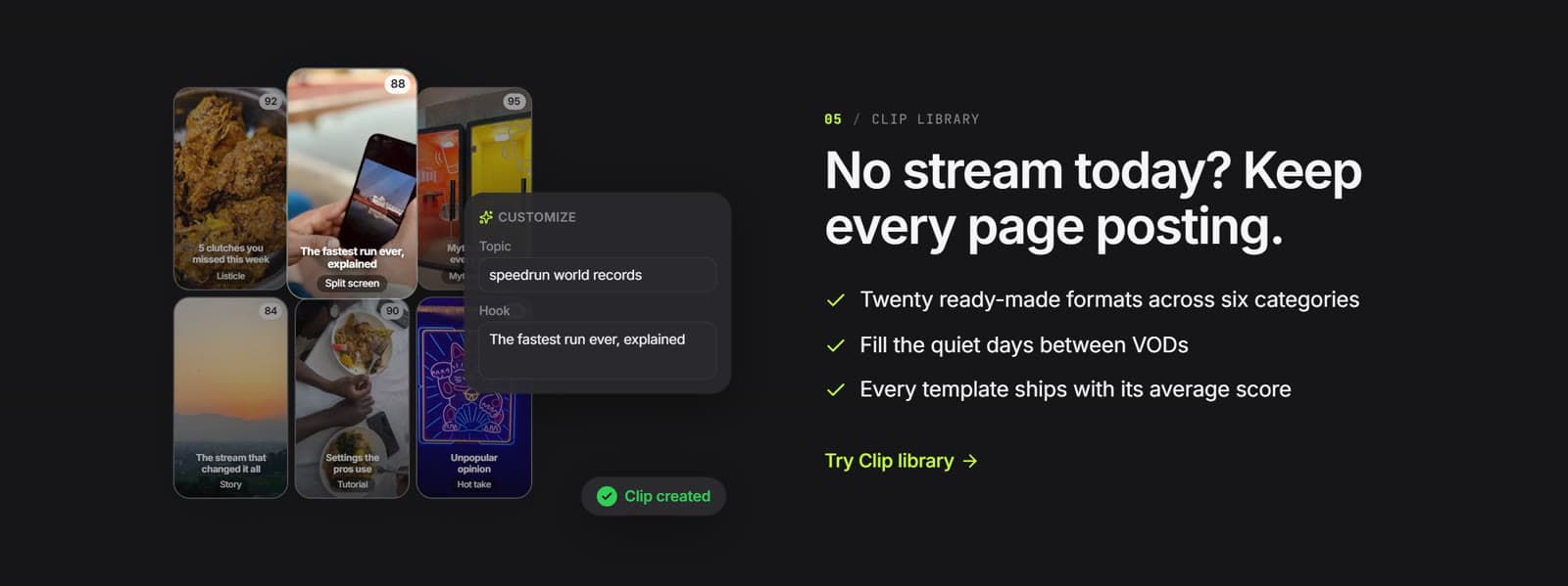 Salvo's clip library: ready-made clip formats grouped by category, each with its average score