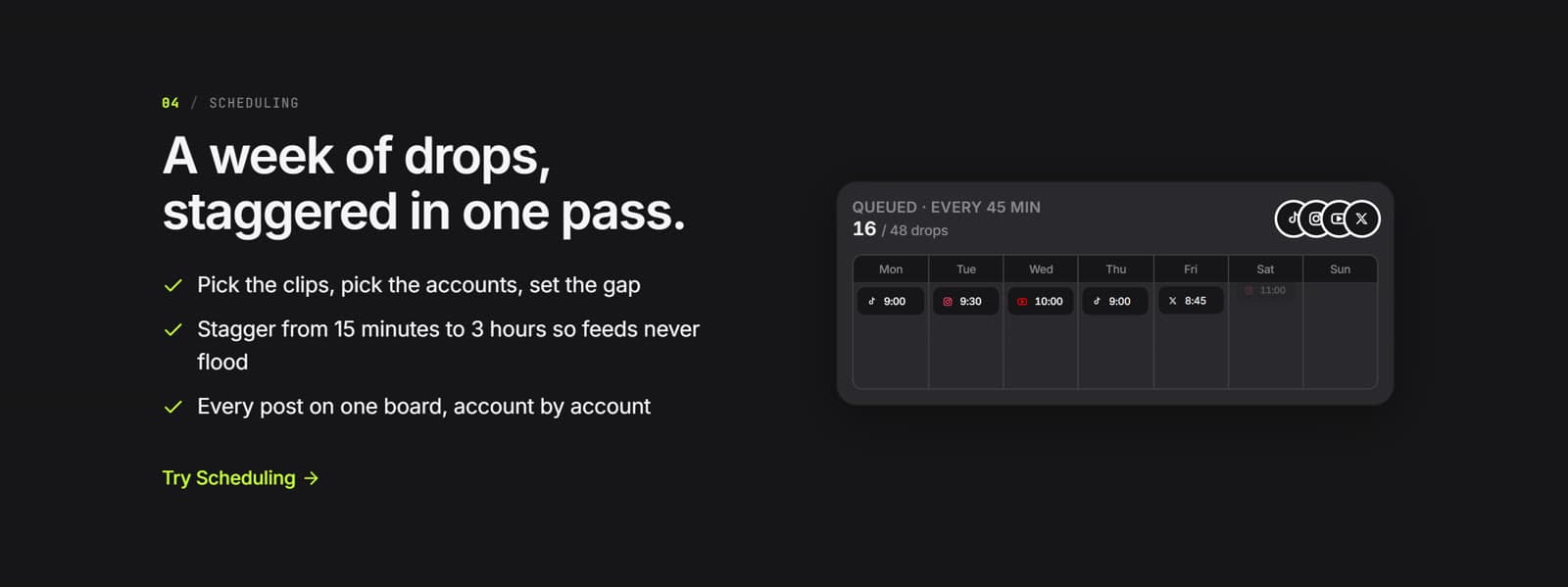 Salvo's scheduling view: a week of clips queued across TikTok, Instagram, YouTube Shorts and X with a 45-minute stagger